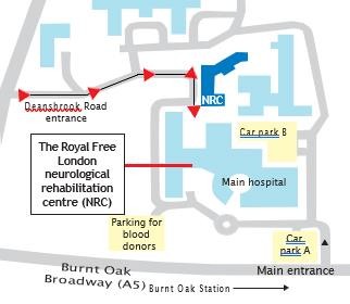 Map demonstrating how to get to Edgware Community hospital