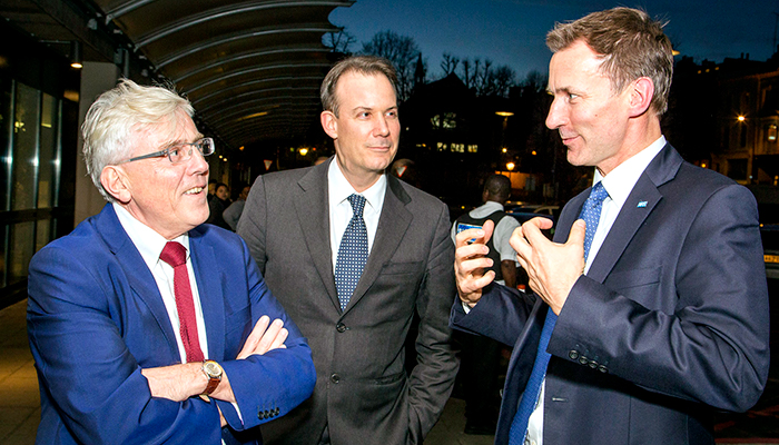 David Sloman, Royal Free London chief executive (left) and Dominic Dodd, Royal Free London, chairman, welcome Jeremy Hunt to the Royal Free Hospital